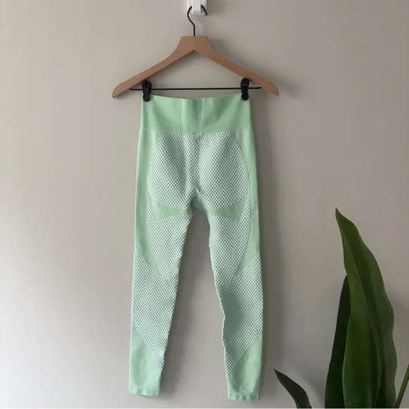 Mint Green Textured Women's Active Leggings Stretch Athletic Activewear Running - Picture 3 of 10